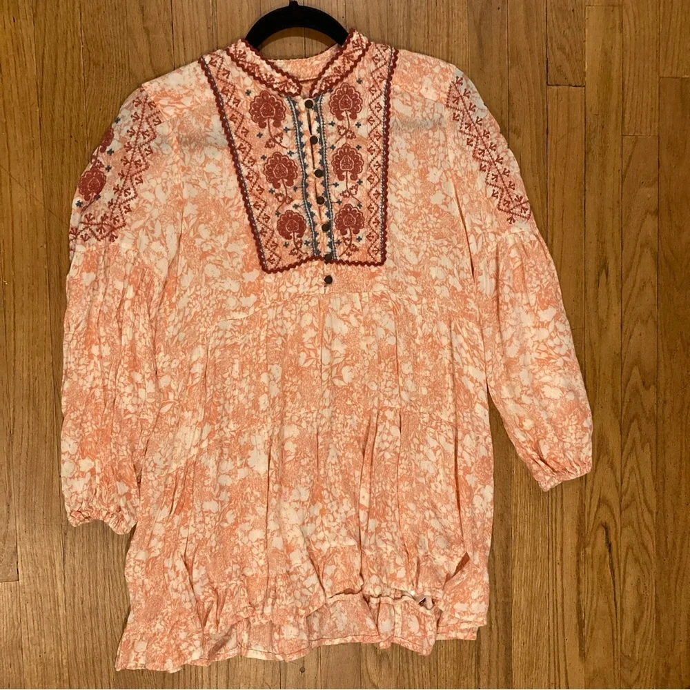 by Anthropologie Claudia Embroidered Babydoll Tunic Top Puff Sleeve